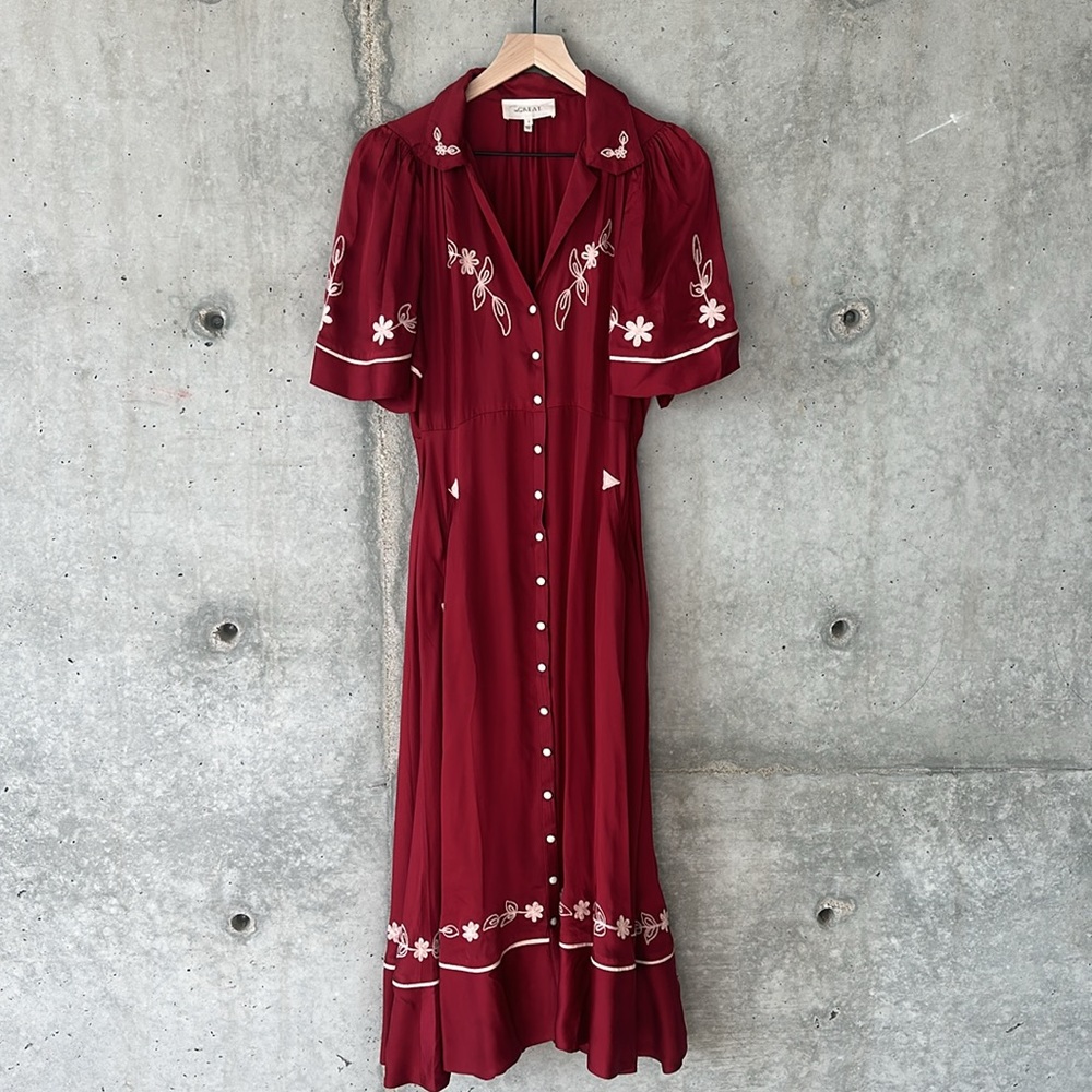 THE GREAT. Red Maxi Dress with White Embroidery